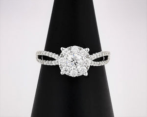 DYAMOND 18K White Gold Criss-Cross Halo Ring with 51 Small Round Diamonds