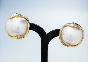 DYAMOND 14K White Gold Mabe Pearl Earring with 2 Diamonds