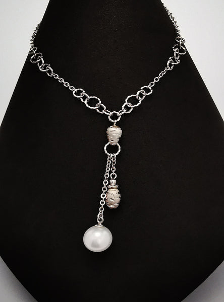 DYAMOND 14K White Gold Italian Necklace with White Cultured Pearl